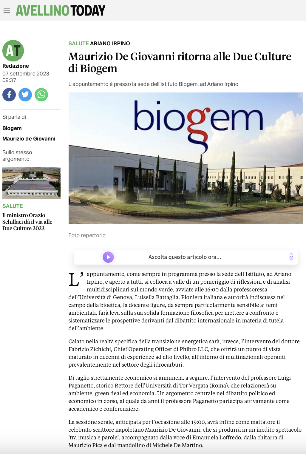 Maurizio De Giovanni ritorna alle Due Culture di Biogem